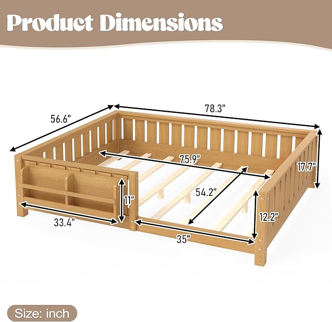 Bellemave Full Size Kids Montessori Bed with Bookshelf,Solid Wood Full Floor Bed Frame with Fence and Slats for Girls Boys,Low-Profile,Light Natural