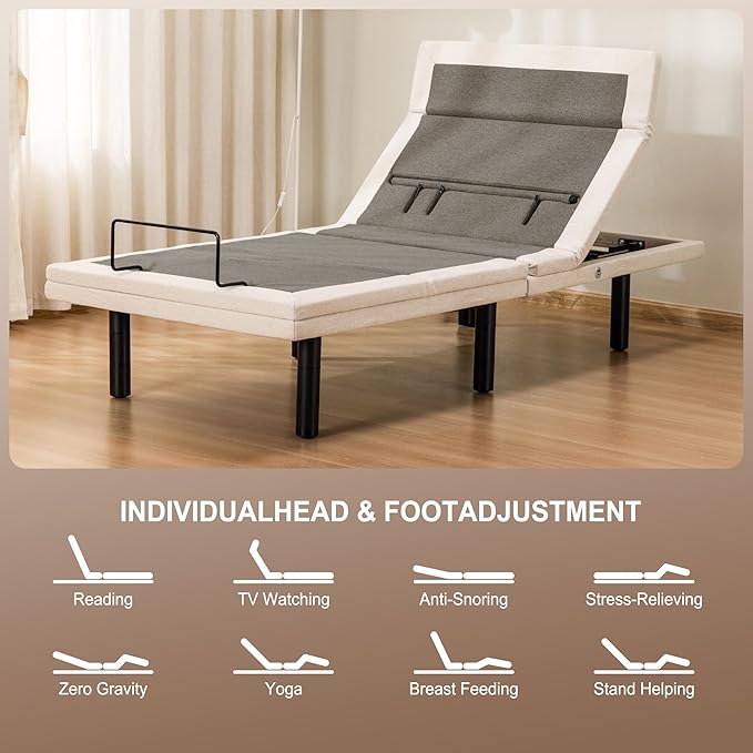 Fromann Twin XL Adjustable Bed Frame, Adjustable Bed Base with Massage, Wireless Remote, Lumber Support, Zero Gravity, Head & Foot Incline, Head Top Pillow Tilt, USB Ports, Nightlight, Anti-Snore