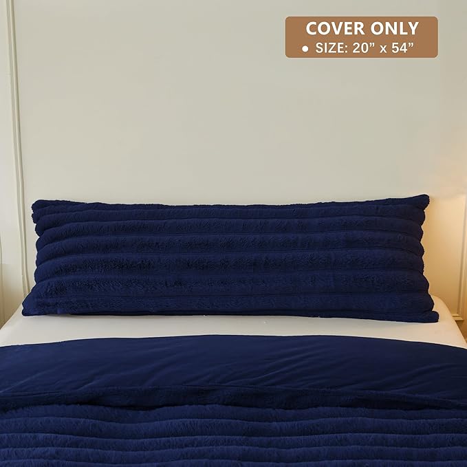 MEGO Luxury Faux Rabbit Fur Body Pillow Cover Blue, Fluffy Furry Fuzzy Striped 20x54 Bed Pillowcase, Comfy Plush Ribbed Bedroom Long Pillow Case with Zipper for Pregnant Women Side Sleeper, Navy Blue