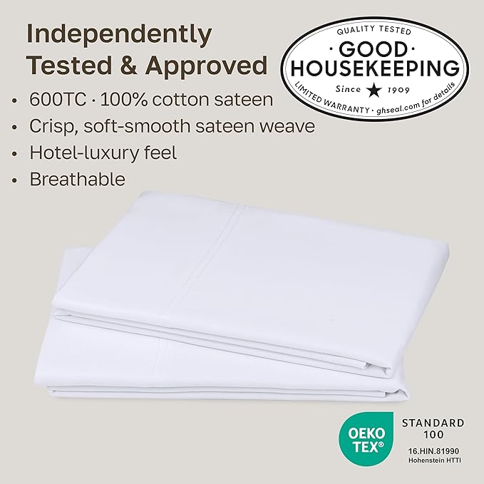 California Design Den Luxuriously Soft 600 Thread Count 100% Cotton King Size White Pillowcase Set of 2, Fits King Pillows