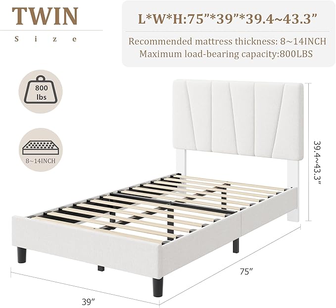 Twin Size Upholstered Platform Bed Frame with Adjustable Headboard for Kids, Fits 8-14 Inch Mattress, Heavy Duty Bed Frame with Wooden Slats Support, Noise-Free, Non-slip, No Box Spring Needed