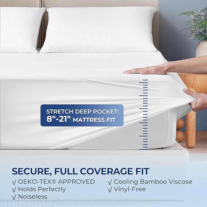 TASTELIFE 100% Waterproof Mattress Protector California King Size, Breathable Cooling 3D Air Fabric Mattress Cover Smooth Soft Noiseless Bed Protector Machine Washable Vinyl Free 8-21”Deep Pocket