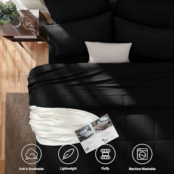 CozyLux Full Size Comforter Sets Black, 7 Pieces Bed in a Bag, Black Comforter Full Size, All Season Bedding Sets with Stitch Quilted Comforter, Flat Sheet, Fitted Sheet, Pillowcases
