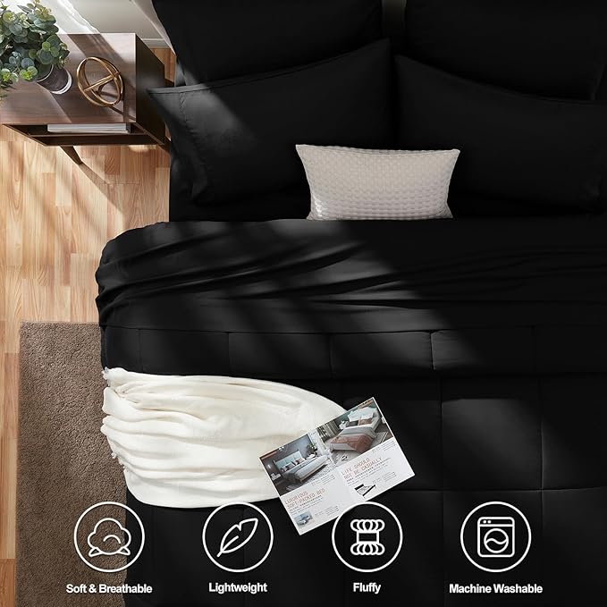 CozyLux Oversized King Comforter Sets Black, 7 Pieces Bed in a Bag, Ultra-Soft All Season Bedding Sets with Stitch Quilted Comforter, Flat Sheet, Fitted Sheet, Pillowcases