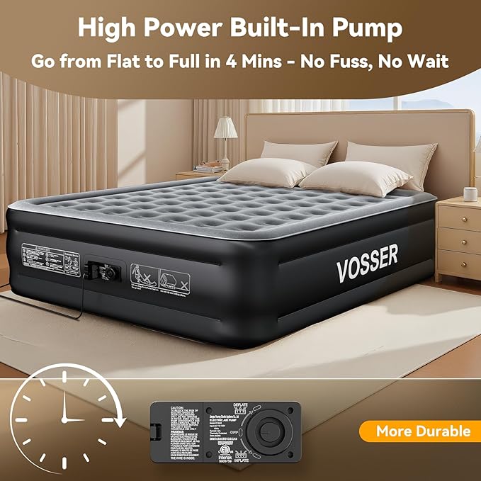 VOSSER King Size Air Mattress with Built in Pump Raised,18’’King Air Mattress,Blow Up Mattress in 3 Mins,Self Inflatable Mattress for Home,Floor&Travel,Portable Air Bed for Adults,750LB Max,Black