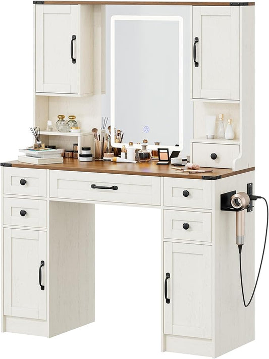 KAMABOKO Rustic Farmhouse Vanity Desk with Adjustable LED Mirror, Makeup Dressing Table with 5 Drawers 4 Cabinets & Built-in Power Outlet, Retro Storage Vanity for Bedroom & Dressing Room(045 Brown)