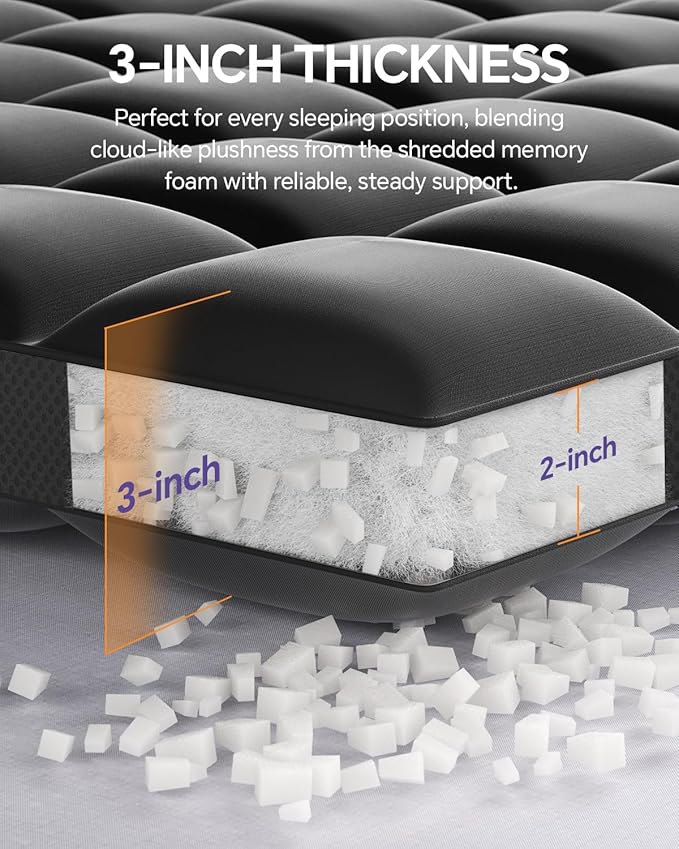 ChiXpace Dual Layer 5 Inch Memory Foam Mattress Topper Queen - 3 Inch Pillow Top Mattress Pad and 2 Inch Gel Memory Foam, 7-Zone Egg Crate Queen Size Mattress Topper (Black)