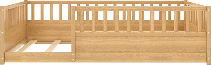 Bellemave Full Floor Bed with high Fence, Solid Pine Wood Montessori Bed for Kids Girls Boys Floor Bed Frame, Natural with slats