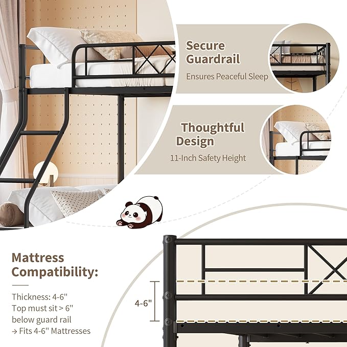 Garvee Metal Bunk Bed Twin Over Full, Heavy Duty Frame with Ladder & Guardrails, Sturdy Metal Slats, No Box Spring Needed, Space Saving for Dorm, Bedroom, Apartment, Matte Black