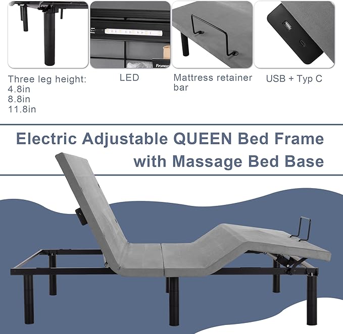 Fromann Adjustable Electric Queen Bed Base Frame with Massage, USB Type-C Ports, Zero Gravity, Under Bed Led Lighting and Three Leg Height (Grey)
