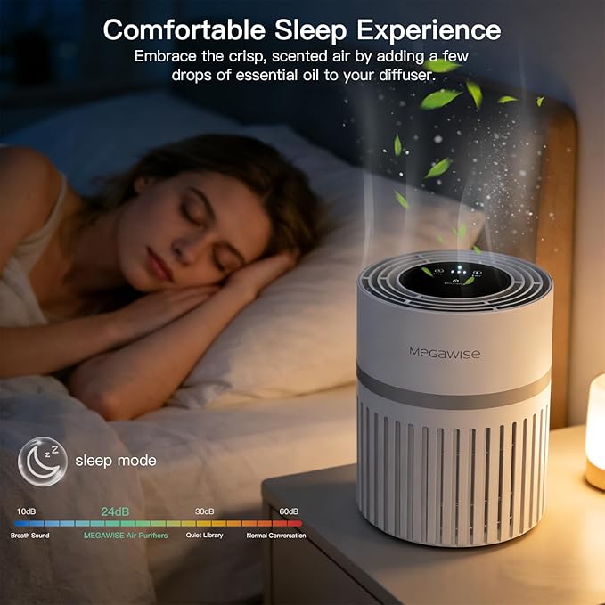 MEGAWISE Air Purifier for Large Rooms Up to 1076 ft², H13 True HEPA Filter, 99.97% 0.3 Micron Filtration, 25dB Quiet, CARB Certified Ozone Free, Portable Air Cleaner for Pets, Bedroom, Office