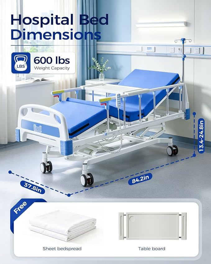 4 Function 600LBS Full Electric Hospital Bed, Beds for Home Use, Special Needs Medical Bed for Seniors with Mattress, Adjustable Hospital, Frame IV Pole, Medical Equipment Beds