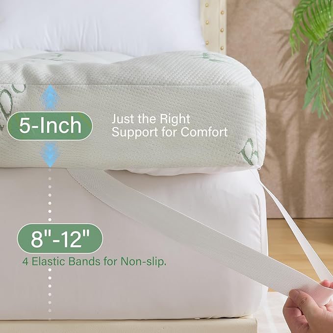 WhatsBedding 5 Inch Memory Foam Mattress Topper King Size for Back Pain Relief, with Cooling Breathable Bamboo Viscose Air Layer, Soft Pillow Top Mattress Topper