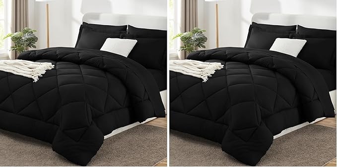 CozyLux Queen Comforter Set Black - Bed in a Bag Queen Size 7 Pieces, Luxury Soft Bed Set for All Seasons, Bedding Set with Down Alternative Comforter, Sheets, Pillowcases & Shams (Pack of 2)