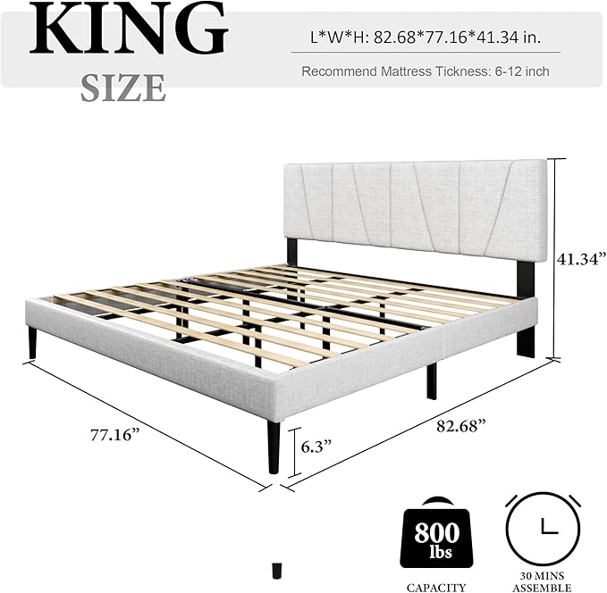HAOARA King Size Bed Frame with Fabric Upholstered Headboard, Platform Bed with Wooden Slats Support, Fully Mattress Foundation, Box Spring Optional, Easy Assembly, Light Grey