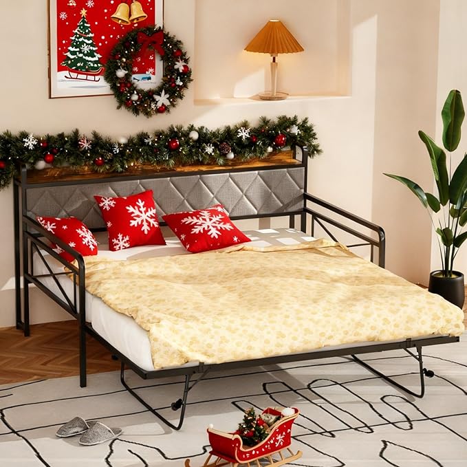 VINGLI Twin Daybed with Pop-up Trundle Bed, Day Bed with LED Light & Charing Station, Upholstered Bed Frame with Storage Headboard and Heavy Duty Metal Slats, Living Room, Bedroom, Guest Room, Gray