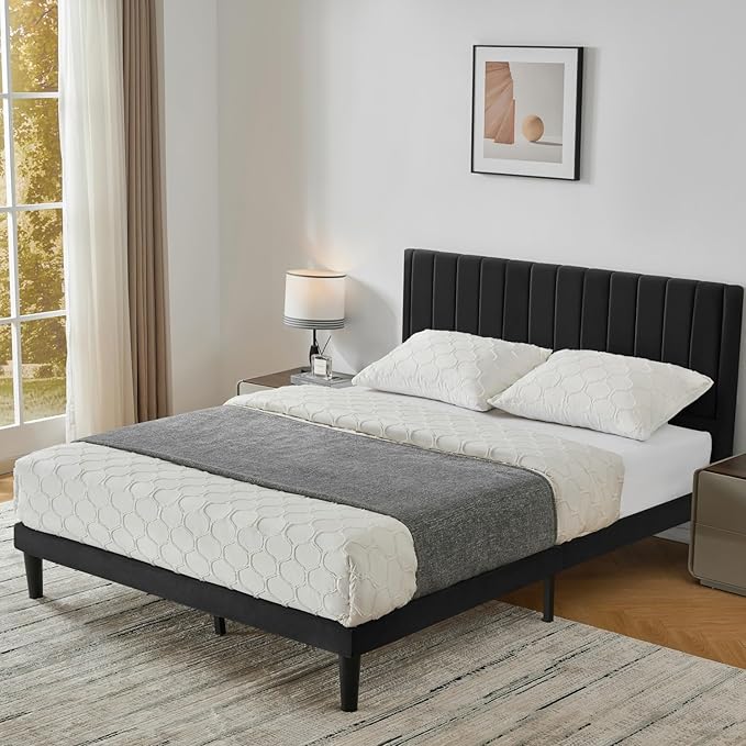 Full Bed Frame Upholstered Platform,Full Size Bed Frame with Velvet Headboard,Non-Slip and Noise-Free/Wooden Slats Support/No Box Spring Needed/Easy Assembly/Mattress Foundation Black (Black, Full)