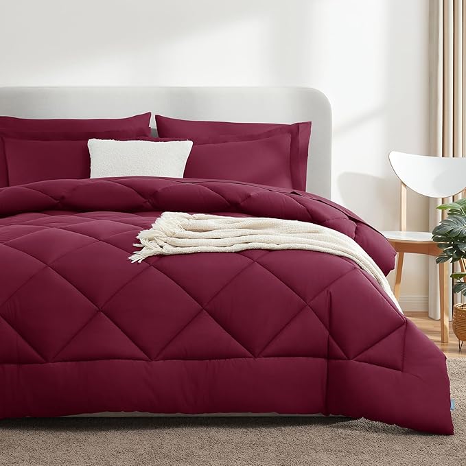 CozyLux Oversized Queen Comforter Set Burgundy - 7 Pieces Bed in a Bag Comforter Set with Sheets, Luxury Soft Bed Set, Bedding Set with Down Alternative Comforter, Sheets, Pillowcases & Shams, Red