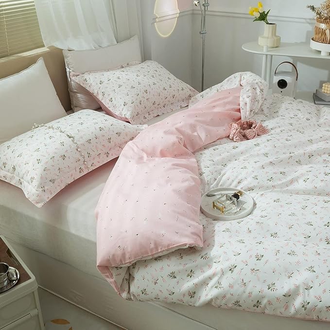 mixinni Cotton Floral Duvet Cover Twin Girl Pink Flower Teenage Girls Duvet Cover Set with Zipper Ties, Easy Care, Ultra Soft and Breathable-Twin Size