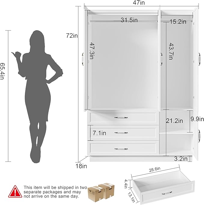 AXCITOC 72" Armoire Wardrobe Closet with 3 Door Wooden Bedroom Armoire with LED Light 3 Drawers Large Modern White Wardrobe Cabinet with Retro Ceramic Door Handles and Removable Hanging Rod
