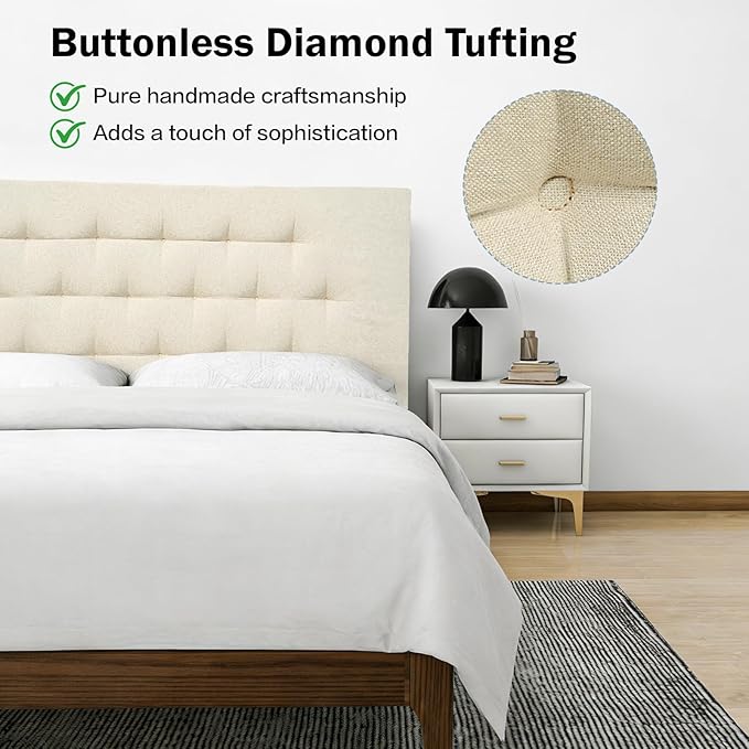 Upholstered Headboard King Size, 75" x 23" Easy No-Tools Wall Mounted Bed Headboards, Modern Linen Button Diamond Tufted Design, Beige