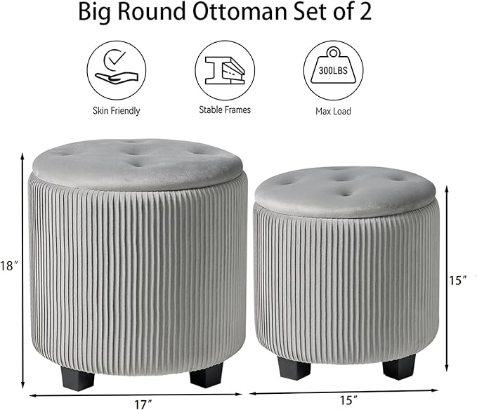 BLEXA Big Round Ottoman with Storage Set of 2,Upholstered Velvet Vanity Stool for MakeupMultifunctional Foot Rest Coffee Table Padded Seat Tufted Ottomans for LivingRoom&Bedroom (Large Grey)
