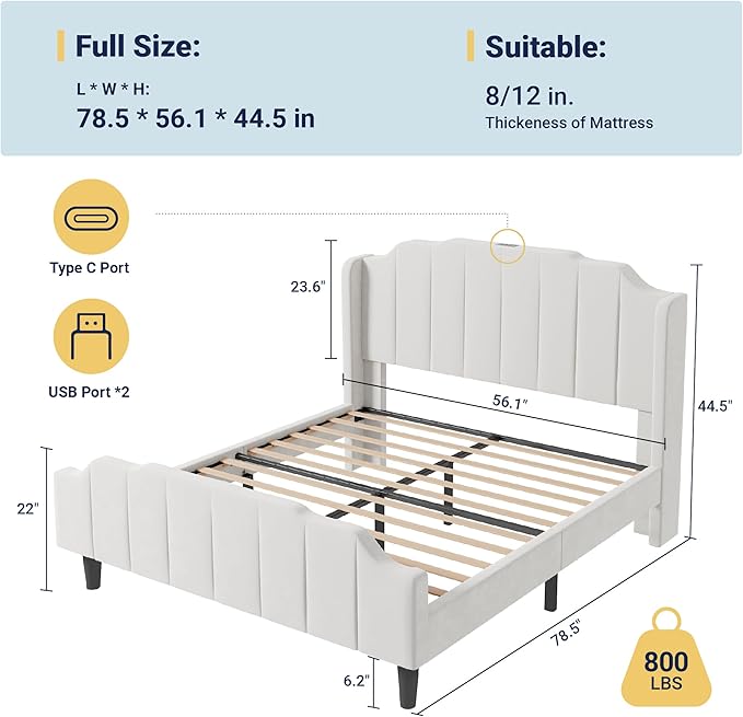 Allewie Vintage Full Size Velvet Platform Bed Frame with Curved Vertical Tufted Wingback Headboard and Footboard, Charging Station, Easy Assembly, Under Bed Storage, No Box Spring Required, White