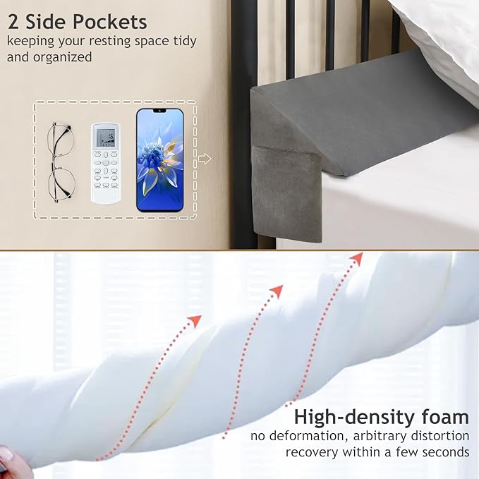 Vekkia King Bed Wedge Pillow for Headboard Gap Filler(0-5"),High-Density Foam,Prevents Pillows & Items from Falling,Ergonomic Design,Large Storage Pockets, Removable&Washable Cover,Gray,76''x10''x6''