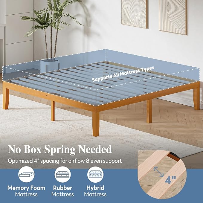 DUMOS King Solid Bed Frame Wood 16 Inches, Sturdy Platform Bed with Heavy Duty Wood Slat Support, No Box Spring Needed, Easy Assembly, Natural Pine