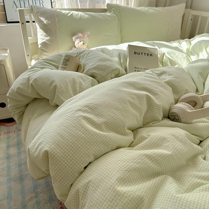 mixinni Green White Gingham Duvet Cover Twin XL Size - 3 Piece Cottagecore Plaid Bedding Set with Lace Trim, Soft Washed Microfiber Vintage Aesthetic Grid Comforter Cover & Pillow Shams