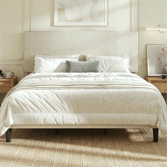 SHA CERLIN King Size Platform Bed Frame with Adjustable Headboard and Wooden Slats Support, Boucle Upholstered Mattress Foundation, No Box Spring Needed, Easy Assembly, Soft Cream