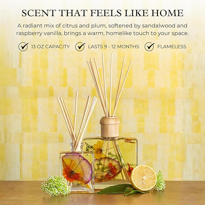 Rosy Rings Sugared Citrus Signature Botanical Reed Diffuser, Single Piece, 13 oz Last 9-12 Months Glass Natural Oils with Floral Embedded Flowers Bright Fruity Aroma, Livingroom Decor Spa Relaxation