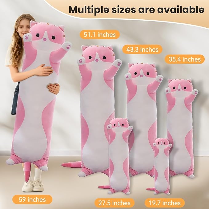 Cute Cat Plush Long Body Pillow – Soft Cartoon Stuffed Animal Doll, Kawaii Cat Plushie Cuddle Toy Gift for Kids, Girls & Girlfriend (Pink, 19.7 Inch)