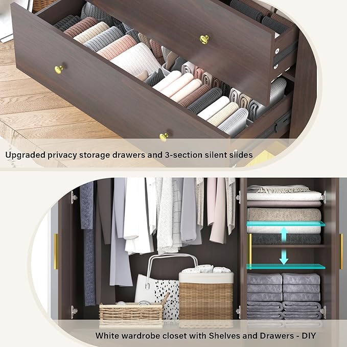 jiteentarou 3 Door Wardrobe Closet with Mirror & LED Lights, Bedroom Armoire with Drawers & Shelves, Farmhouse Wooden Armoire Wardrobe Closet with Hanging Rod for Bedroom, Brown