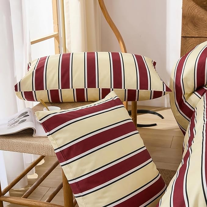 Merryword 100% Cotton Pillow Cases, King Size Pillowcases, Burgundy & Cream Striped Pillowcases, Luxury Linen Like Pillowcase, Soft Breathable Stripes Pillow Covers, Set of 2
