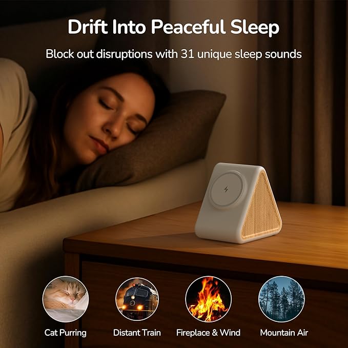 Housbay 2-in-1 White Noise Sound Machine & Magnetic Wireless Charger, Stereo Sleep Sounds, Clutter-Free Bedside Charging Station for iPhone - White Oak