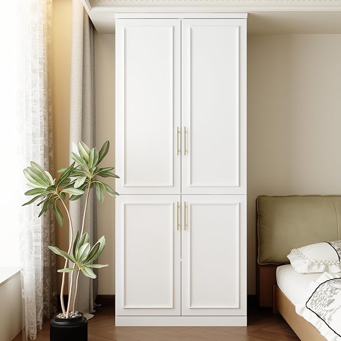 FUFU&GAGA Wardrobe Closet with 4 Doors, Modern White Bedroom Armoire with Gold Handles, Modern Clothes Storage Cabinet with Shelves & Hanging Rod for Cloakroom, 31.7”W x 19.3”D x 74.8”H