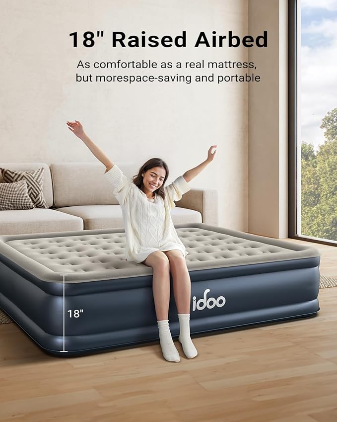 iDOO Cal King Air Mattress with Built in Pump, 18'' King Size Air Mattress for Home Guest, Upgraded Comfort Inflatable Blow up Mattress, 84'' Extra Long, Keep Feet from Dangling, Colchon Inflables