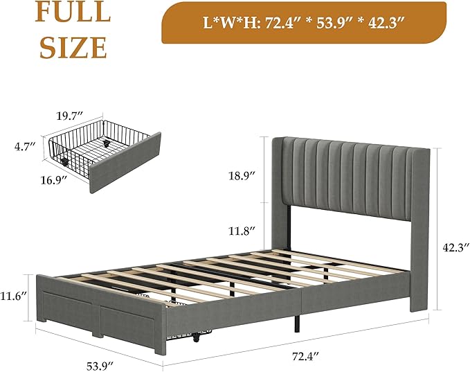 Garvee Full Size Bed Frame, Velvet Upholstered Bed Frame with Wingback Headboard, 2 Storage Drawers, No Box Spring Needed, Grey