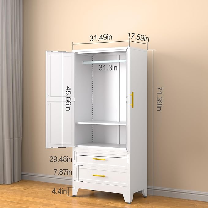 erosoei Metal Armoire Wardrobe Closet, 71 "Metal Clothing Storage Cabinet with Adjustable Shelves and Hanging Rod, Household Steel Wardrobe Storage Cabinet with Drawers (armoire-White)