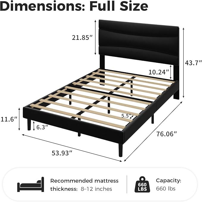 GarveeHome Full Modern Upholstered Bed Frame with Soft Padded Headboard,Sturdy Metal Steel Slat Support, Noise-Free Quiet Design,Easy Assembly,Heavy Duty Stable Bed Frame(Black)