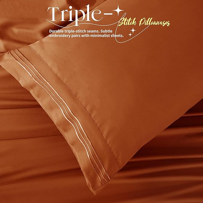 Manyshofu 4 Piece Split Head California King Sheets Sets for Adjustable Bed Sheet, Flex Head Split Top Cal King Sheets Burnt Orange Sheet Set - 1800 Thread Count Bedding Set with Deep Pockets