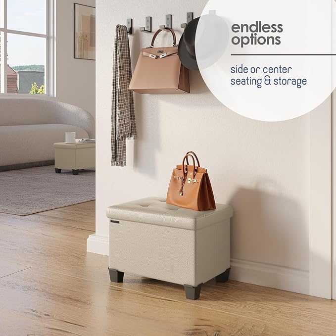 Storage Ottoman Cube with Small Bin, 16-in Square Ottoman with Storage for Living Room and Bedroom, Small Ottomans Foot Rest, Leather Foot Stools Ottomans Max 330lbs, Beige