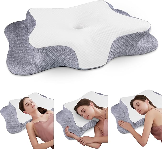 CHxxy Cervical Neck Pillow for Pain Relief Sleeping, Memory Foam Pillows, Ergonomic Side Sleeper Pillows, Cooling Orthopedic Neck Support Pillow for Back Stomach Sleepers-Queen Size White&Grey