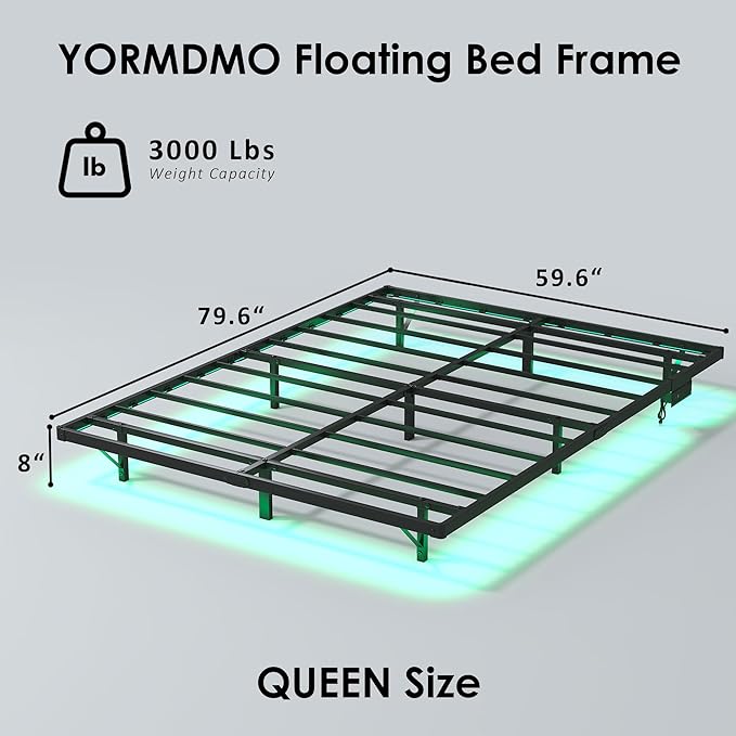 YORMDMO Floating Bed Frame Queen Size, Heavy Duty Bedframe with Smart LED Lights & Charging Station, Modern Metal Platform Bed, Easy Assembly No Box Spring Needed, 8 Inch