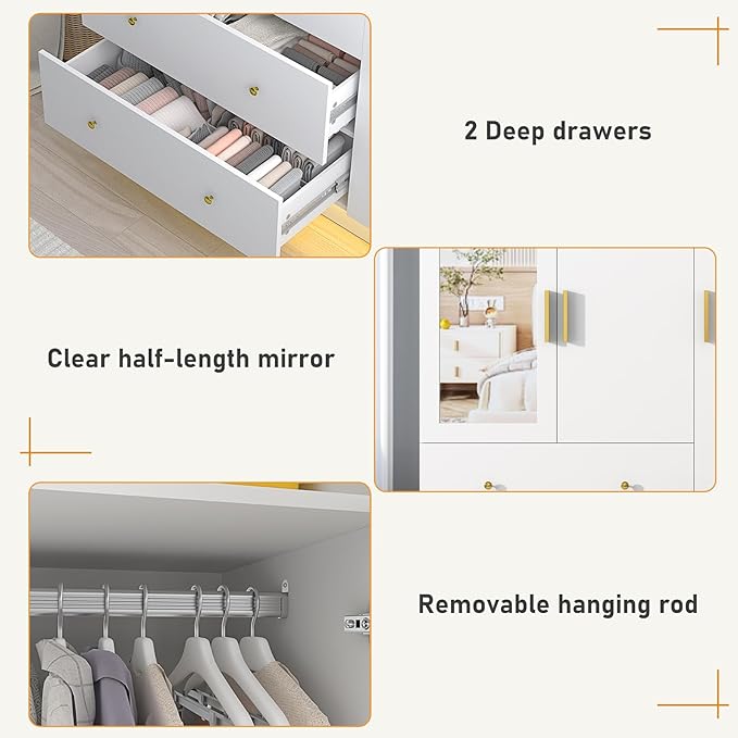 chartustriable 2 Doors Armoire Wardrobe Closet with Mirror, LED Closet with Doors and Drawers, Wooden Wardrobe Storage Cabinet with Hanging Rod, Small Armoire, White