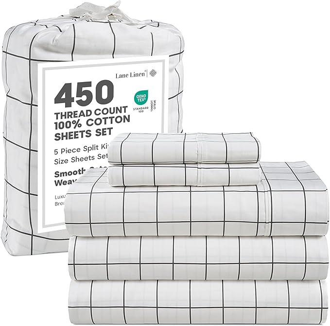 LANE LINEN 100% Cotton 450 Thread Count Split King Sheet Set for Adjustable Beds, Sateen Weave Hotel Quality, Fully Elasticized Oeko Tex Certified Sustainably Produced Machine Washable - Window Pane