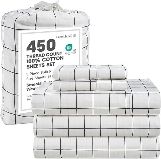LANE LINEN 100% Cotton 450 Thread Count Split King Sheet Set for Adjustable Beds, Sateen Weave Hotel Quality, Fully Elasticized Oeko Tex Certified Sustainably Produced Machine Washable - Window Pane