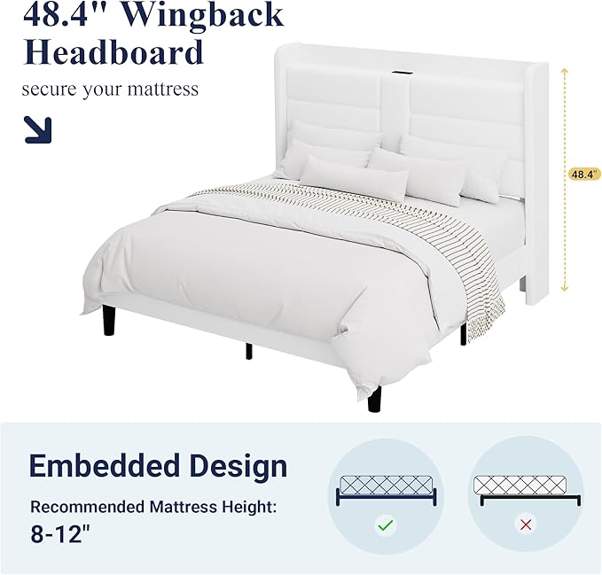 Allewie Queen Size Platform Bed Frame with Charging Station & Storage Headboard, Upholstered Velvet Wingback Design & USB Port, Strong Wooden Slats Support, No Box Spring Needed, Easy Assembly, White