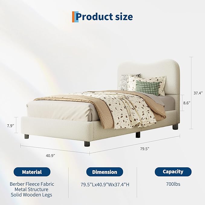 Boucle Twin Bed Frame for Kids with Upholstered Headboard, Low Profile Sturdy Platform Bed with Soft Boucle Fabric for Girls and Boys, Heavy Duty, Wooden Slats, Noise Free, No Box Spring Needed, Beige